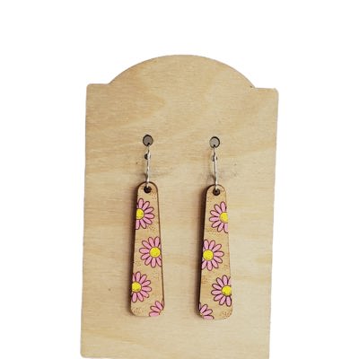 Hand Painted Pink Daisy Bar Earrings