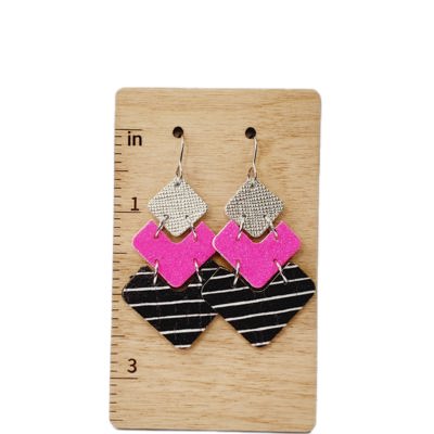 Silver Glitter Pink Black Stripes Stacked Chevron Earrings