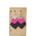  Silver Glitter Pink Black Stripes Stacked Chevron Earrings