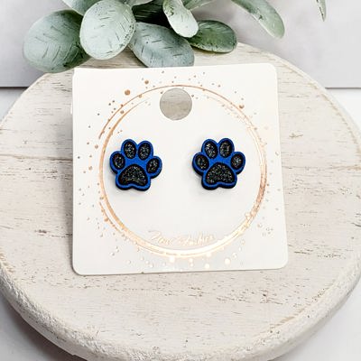 Hand Painted Blue Paw Print Studs