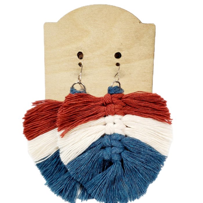Macrame Feather Red White Blue Earrings