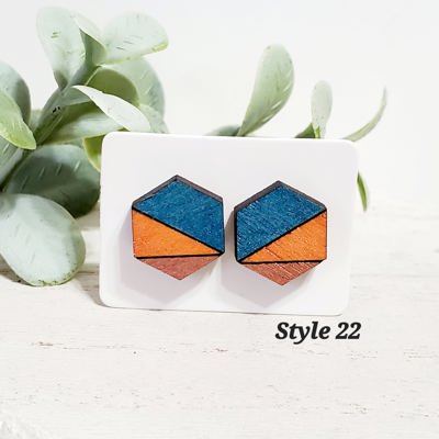 Hand Painted Hexagon Studs | Blue Orange Bronze