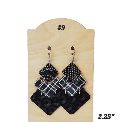 Genuine Leather Black and White Chevron Earrings