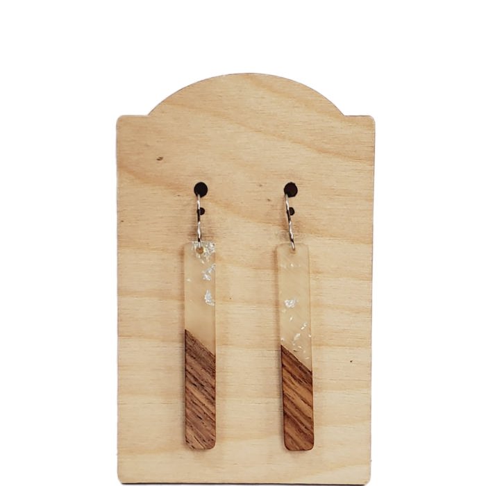 Acrylic and Wood Bar Earrings | Silver Fleck