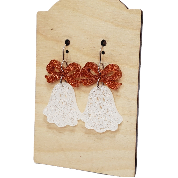 Ghost Glitter Orange Bow Earrings