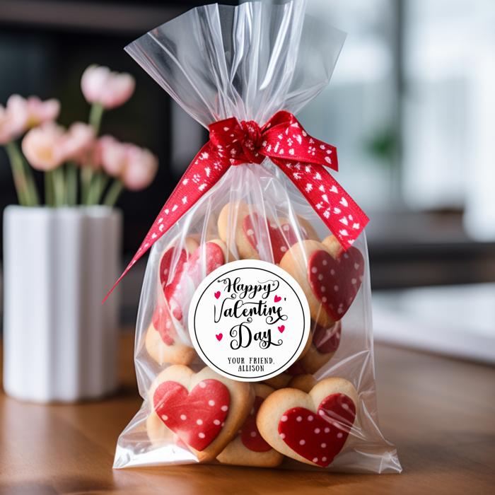 Set of 12 Custom Valentines Day Stickers INCLUDES BAGS, Personalized School Valentines Day Treat Bag Stickers, class treats
