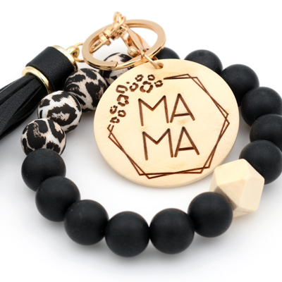 BLACK Leopard Silicone Keychain Wristlet With Engraved Disc