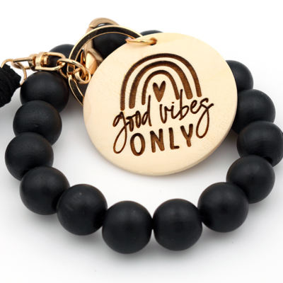 BLACK Wood Keychain Wristlet With Engraved Disc