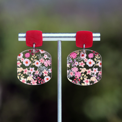 Dusty Pink Floral | Rounded Square Acrylic Dangle Earrings