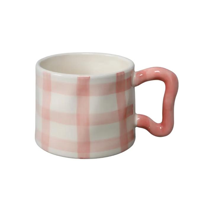Green Plaid Ceramic Mug with Sculpted Handle – 18oz