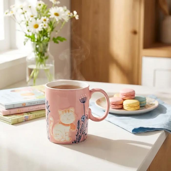 18 OZ Cat Motif Pink Ceramic Mug  