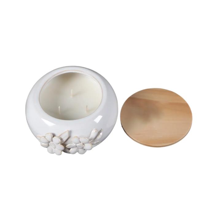 5.52" Ceramic Flower Candle with Wood Lid - Peony