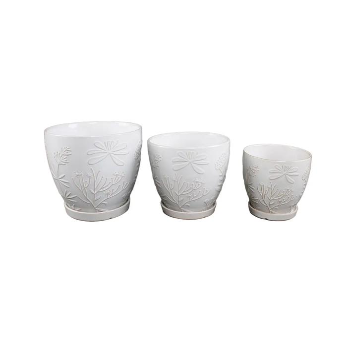 Set of 3 Ivory 10",8“,6.75” Jungle Flowers Ceramic Pots on Saucer 