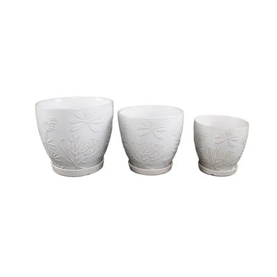 Set of 3 Ivory 10",8“,6.75” Jungle Flowers Ceramic Pots on Saucer 