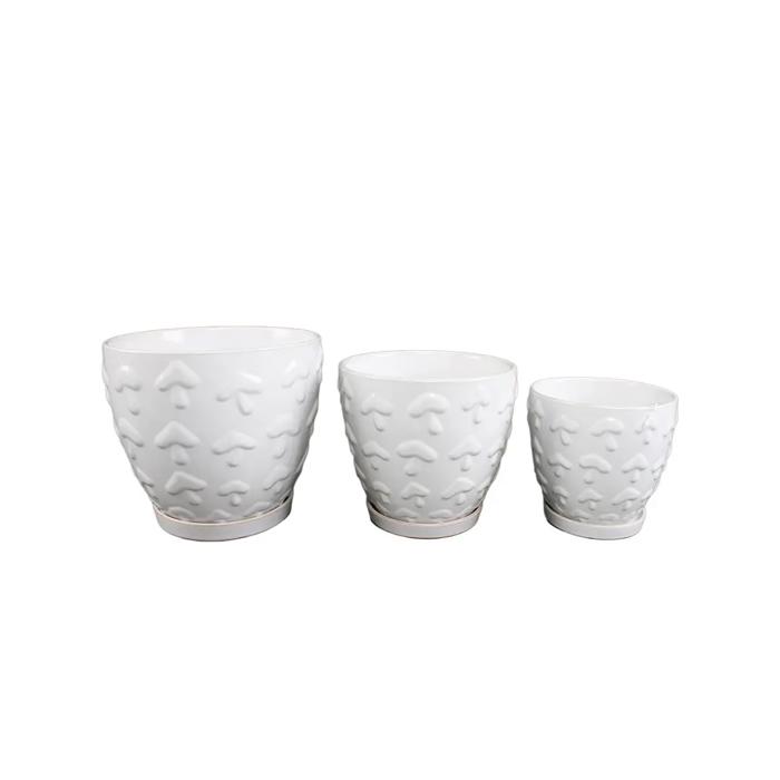Set of 3 Ivory 10",8“,6.75” Mushroom Ceramic Pots on Saucer