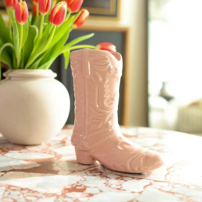 8.5" Pink Ceramic Cow Girl Boot Vase