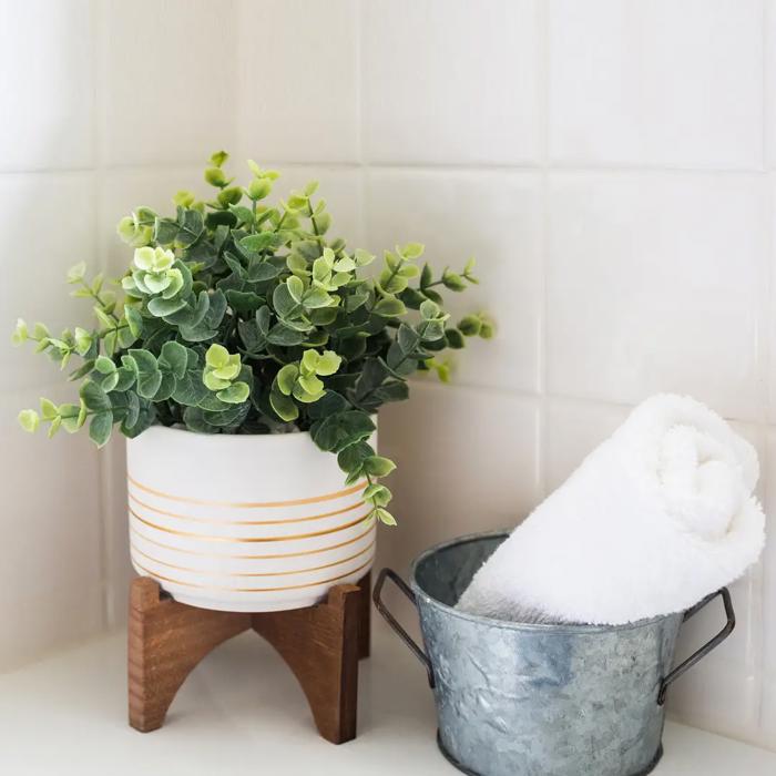 4.75" Gold Line Ceramic Planter with Wooden Stand