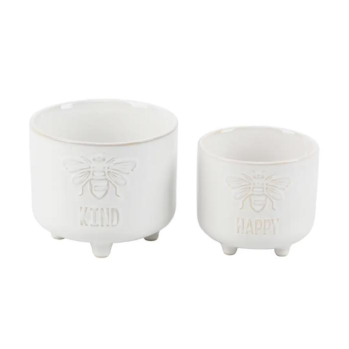 Set of 2 Bee Kind & Bee Happy Ceramic Footed Pots