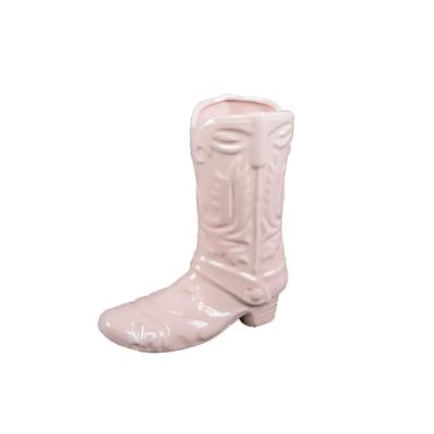 8.5" Pink Ceramic Cow Girl Boot Vase
