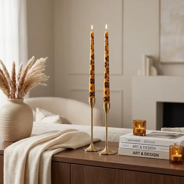 Set of 10.1" Hand Painted Brown Leopard Taper Candles (5oz)