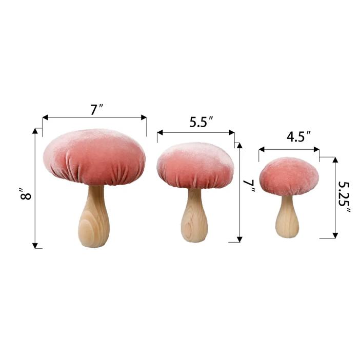 Set of 3 Velvet Mushroom on Wood Stem L,M,S 