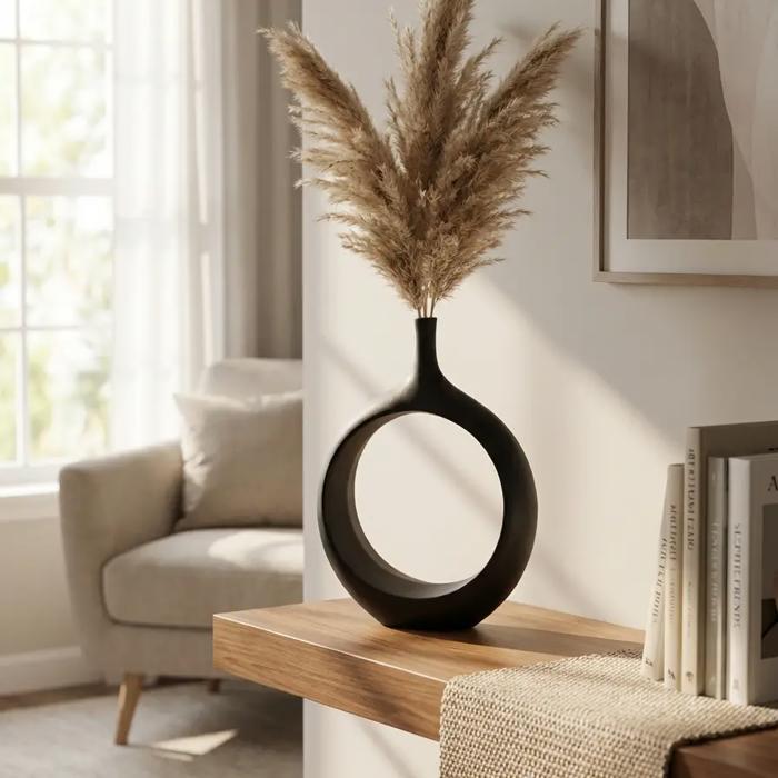 14.37" Round Black Open Oval Ceramic Decorative Accent