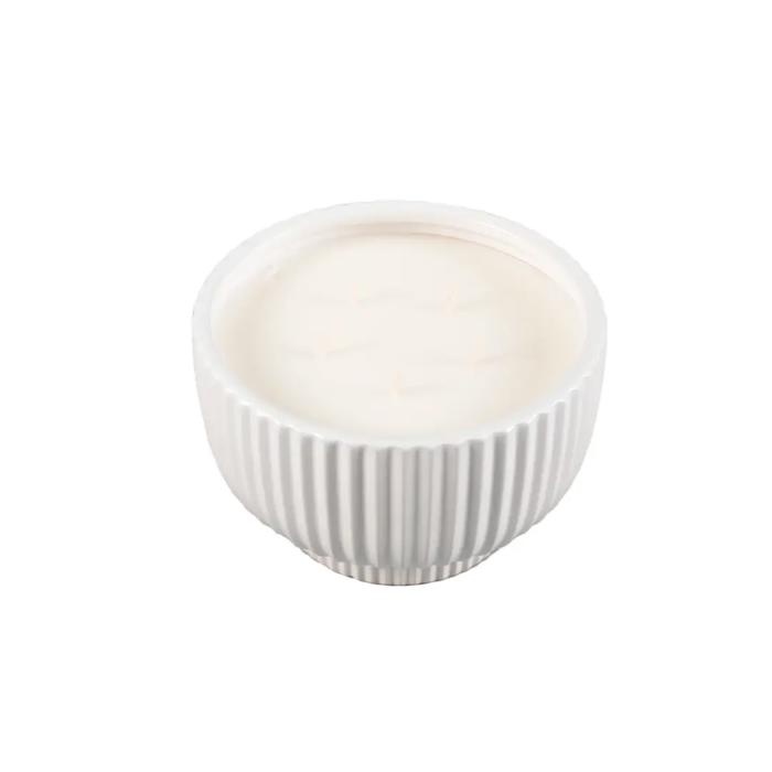 White Ribbed Ceramic Bowl Candle - Bamboo 