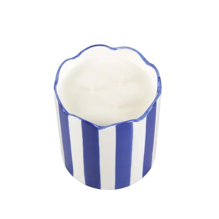 15 oz Blue & White Scallop Stripe Ceramic Candle – Sunshine
