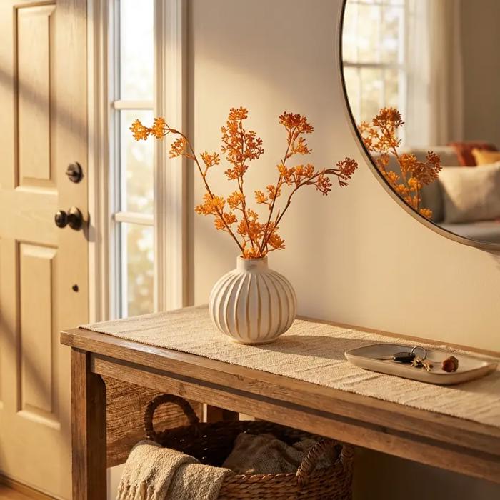 13” Faux Fall Branch in 4.5” White Ceramic Vase