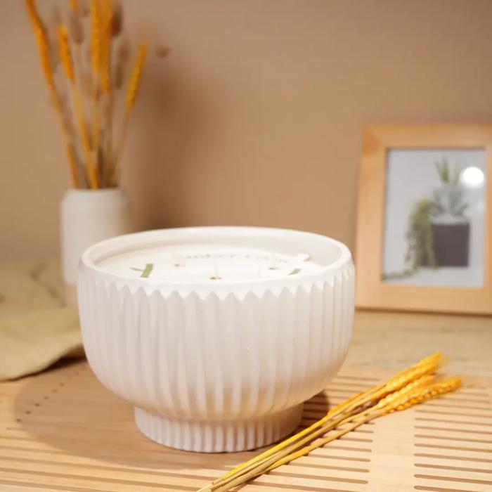 White Ribbed Ceramic Bowl Candle - Bamboo 