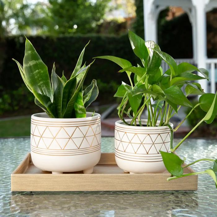 Set of 2 White & Gold Geo Print Planter