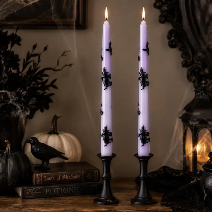 Set of 10" Hand Painted Witch Purple Taper Candles (3 oz)