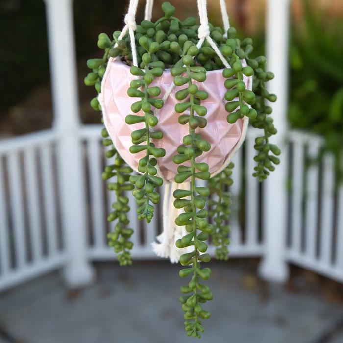 5" Glossy Pink Ceramic Macramé Hanging Planter