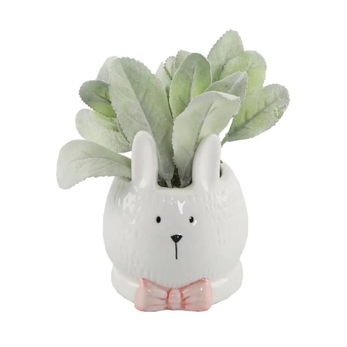 Bunny Face Ceramic Planter with Faux Sage