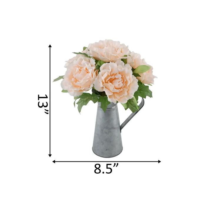13" Peach Peonies in Tin Watering Can