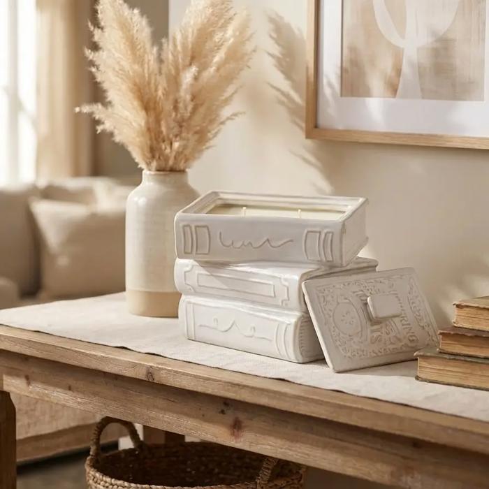 Ceramic Stacked Book Candle with Lid - Fresh Air