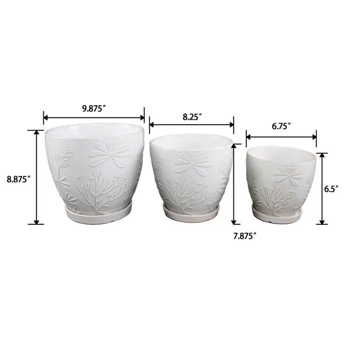 Set of 3 Ivory 10",8“,6.75” Jungle Flowers Ceramic Pots on Saucer 