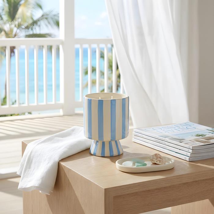 13 oz Blue Stripe Pedestal Ceramic Candle – Resort