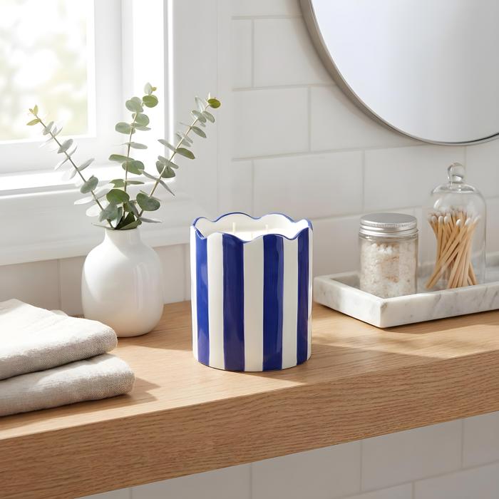 15 oz Blue & White Scallop Stripe Ceramic Candle – Sunshine