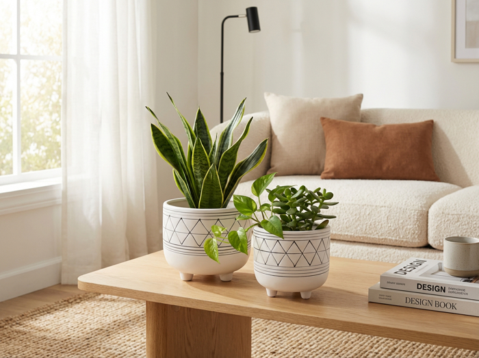 Set of 2 White & Black Geo Print Planter