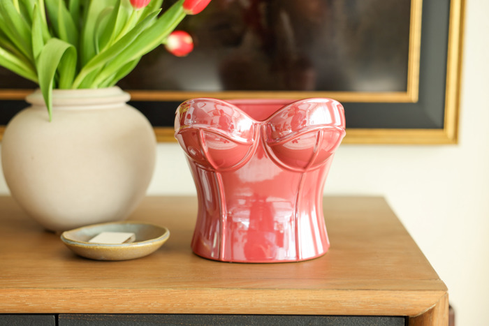 Iridescent Burgundy Corset Ceramic Vase – 7" Sculptural Bust Planter