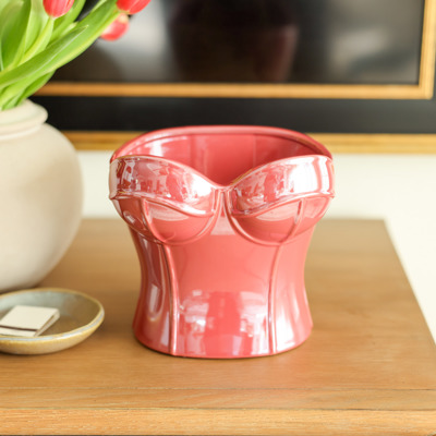 Iridescent Burgundy Corset Ceramic Vase – 7" Sculptural Bust Planter