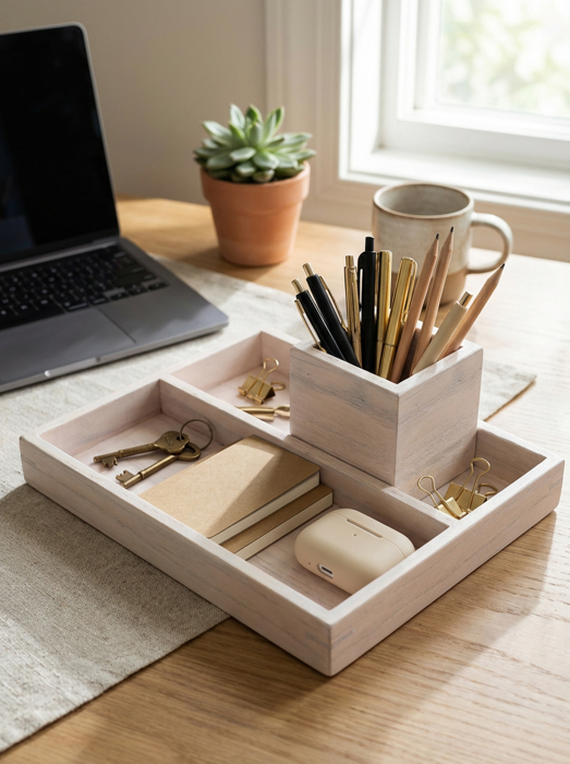 10"L Wood Organizer Tray with 4"D Pencil Holder