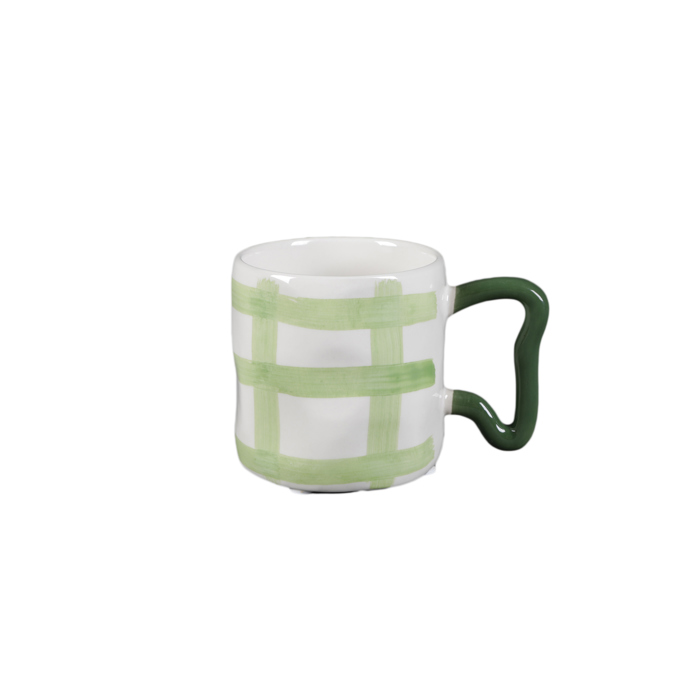 Green Plaid Ceramic Mug with Sculpted Handle – 18oz