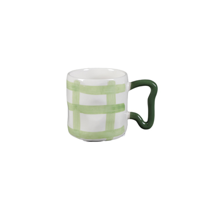 Green Plaid Ceramic Mug with Sculpted Handle – 18oz