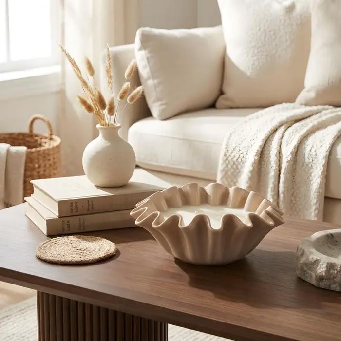 17 oz Ruffle Bowl Ceramic Candle – Veranda (Beige)