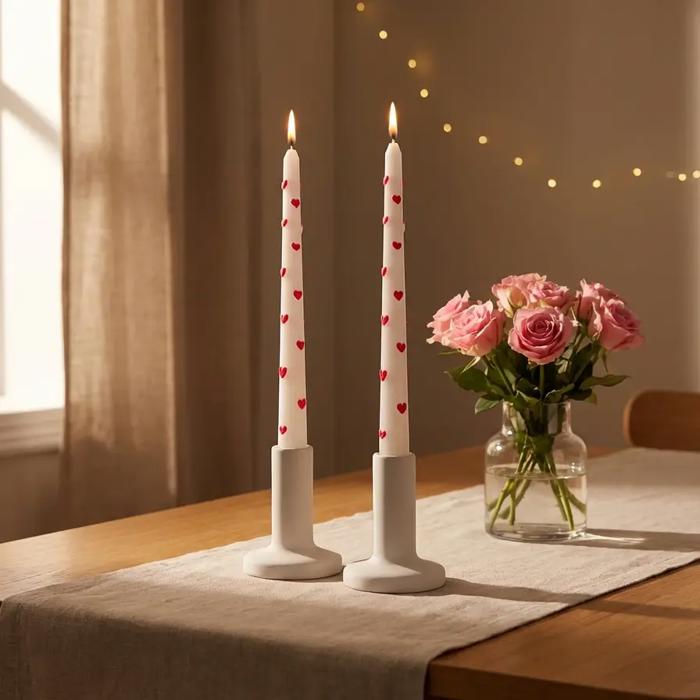 Valentine Taper Candles with Raised Red Hearts - Set of 2
