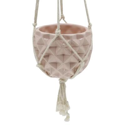 5" Glossy Pink Ceramic Macramé Hanging Planter