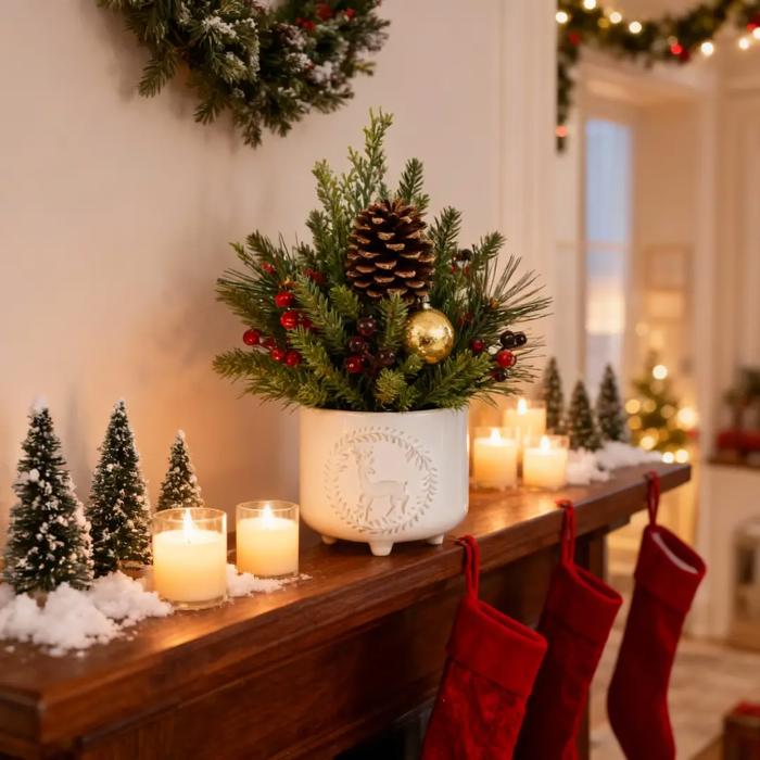 Xmas Mix in 5" Deer Wreath Ceramic Planter 
