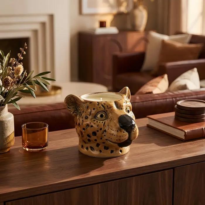 23.5 oz Leopard Head Ceramic Candle – Mahogany Teakwood